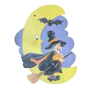 Vintage Halloween Die-cut Cutout Eureka USA  Witch on Broom Bat Moon Decoration